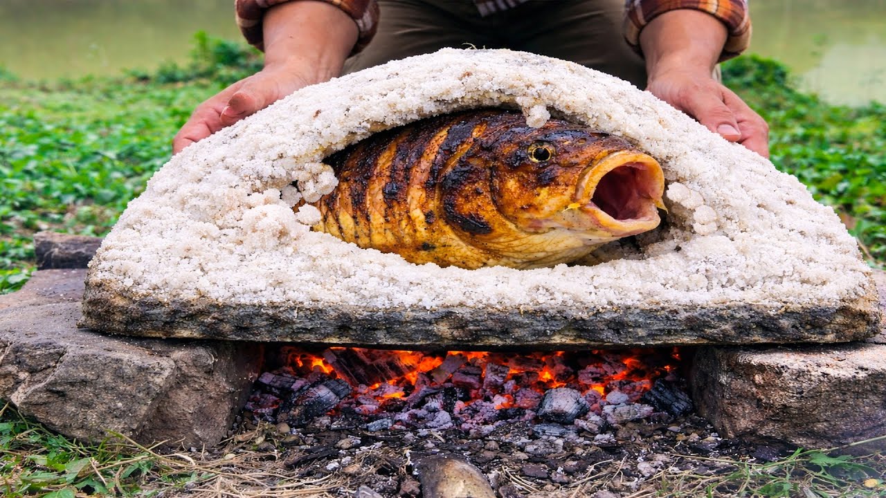 Cook Whole Carp Baked in Salt on Hot Stone Fire | Primitive Outdoor Cooking