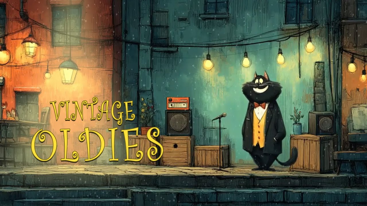 A Black Cat on a Quiet Street Stage, Where Oldies Glow Under Warm Lantern Lights