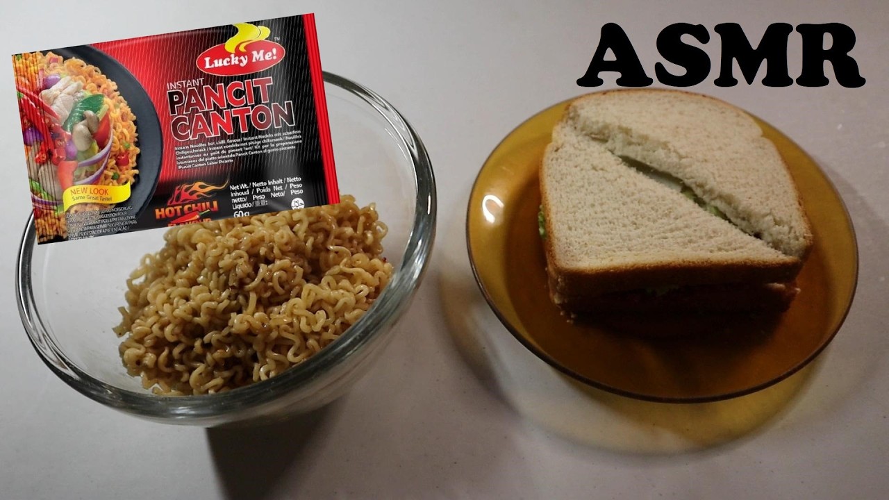 LUCKY ME! PANCIT CANTON HOT CHILI, SALAMI SANDWICH & POWERADE GRAPE ASMR MUKBANG