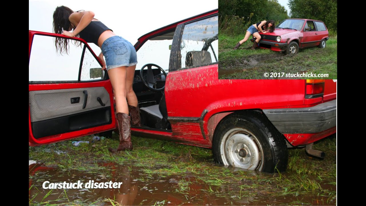 Car stuck Girl Offroad cowboy mud boots | Auto sinks water flood danger