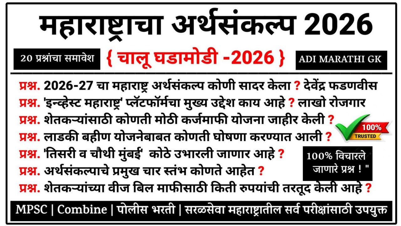 महाराष्ट्र अर्थसंकल्प 2026 | Maharashtra Budget 2026 | Chalu Ghadamodi |  2026 #budget #mpsc 