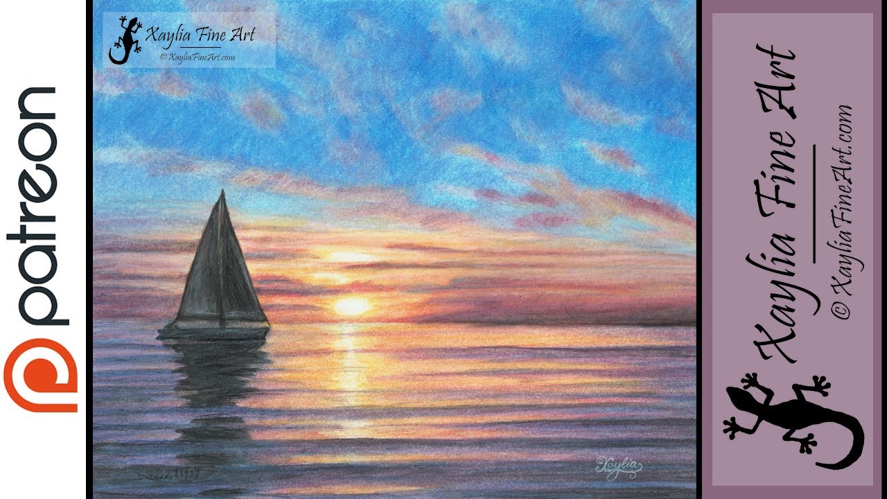 Extended Tutorial: How to draw an ocean sunset and sailing boat using coloured pencils