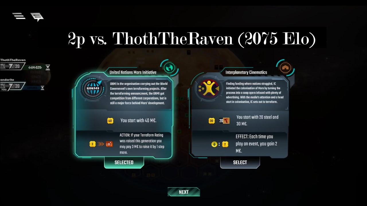 #1 Rank Terraforming Mars - 2p vs ThothTheRaven (2075 Elo)