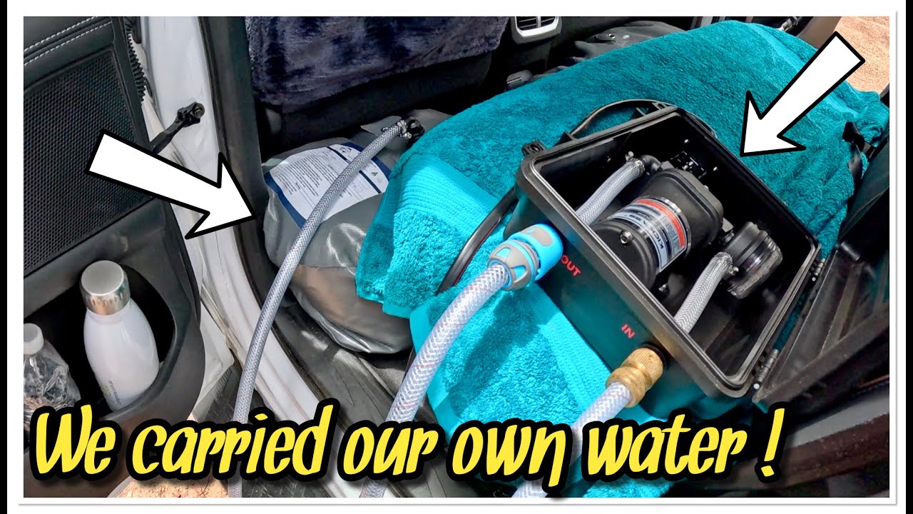 Water Bladder and a pump in a box. We carried our own water, in the car !