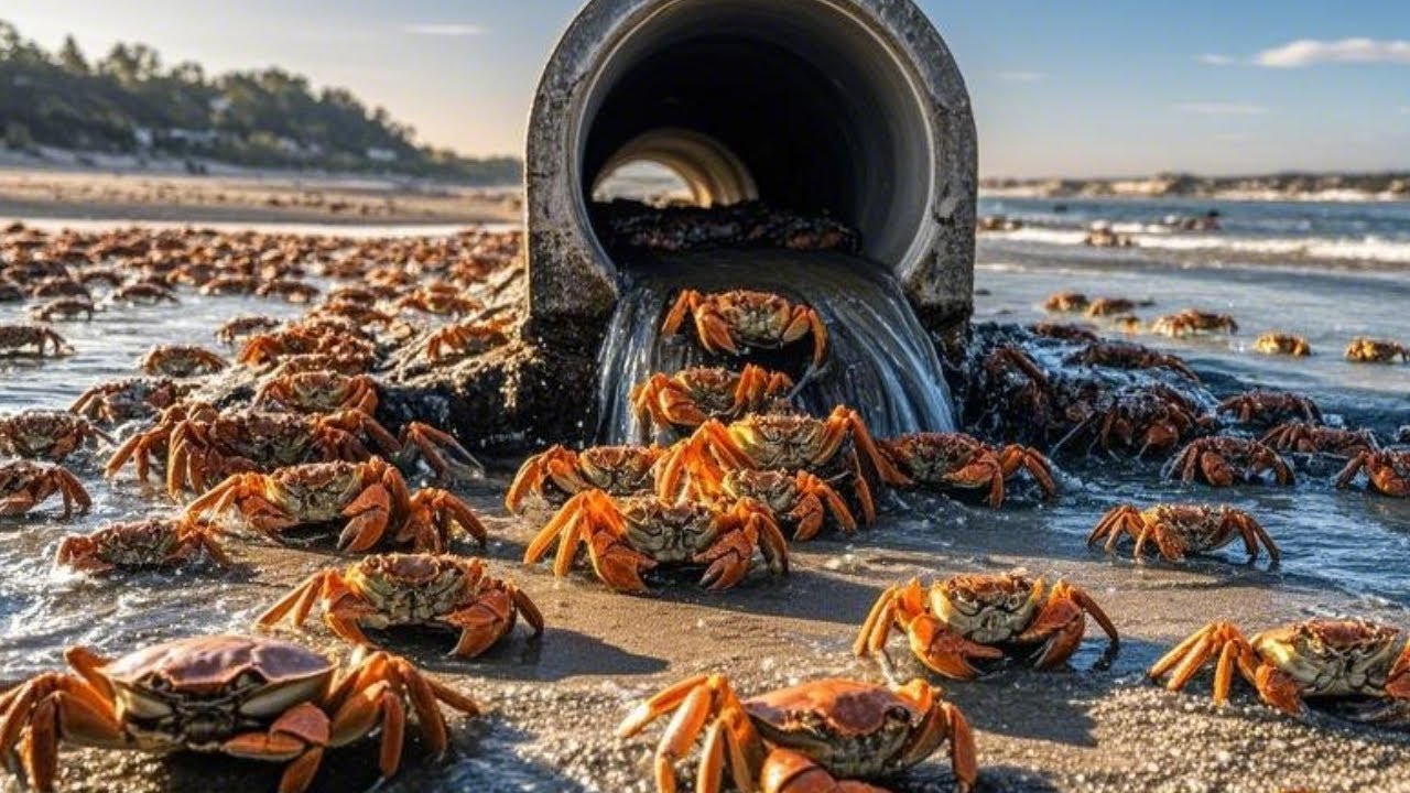 A Large Number Of Crabs Stranded On The Beach, Including Bread Crabs Bigger Than Their Faces