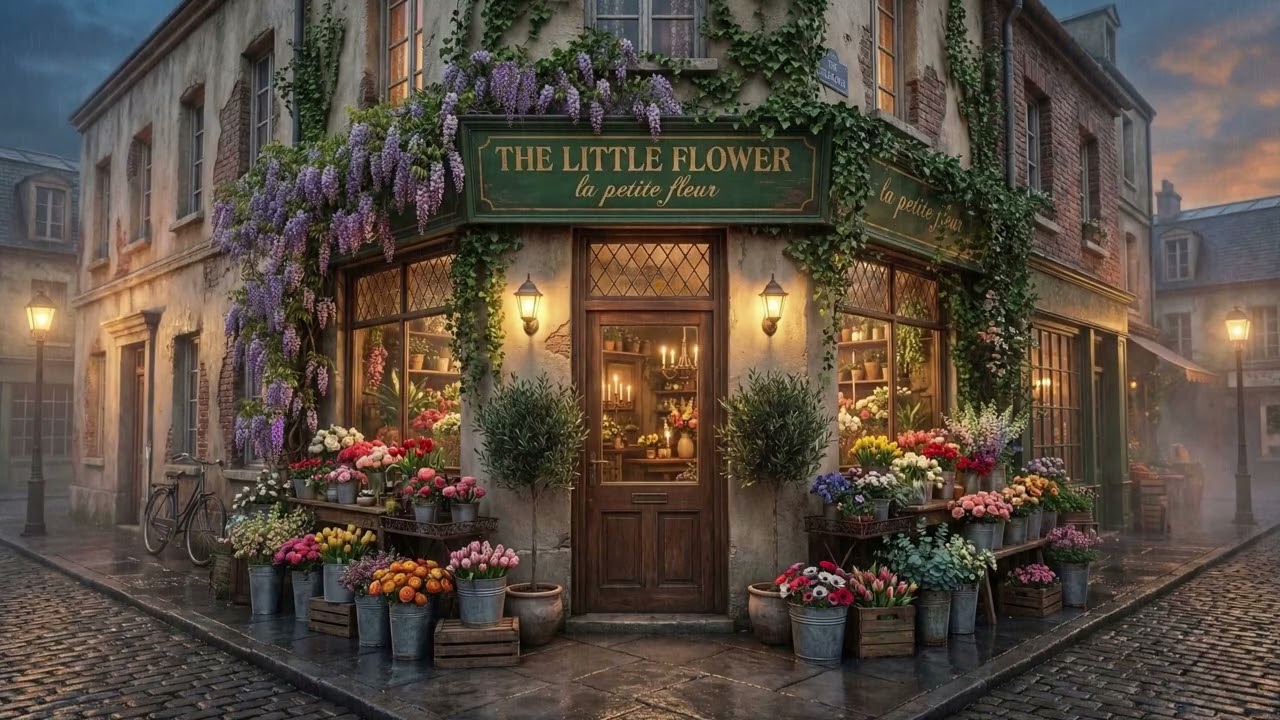 Rainy Paris Flower Shop Ambiance | Belle Époque Solo Piano & Distant Thunder | 4K Cozy ASMR