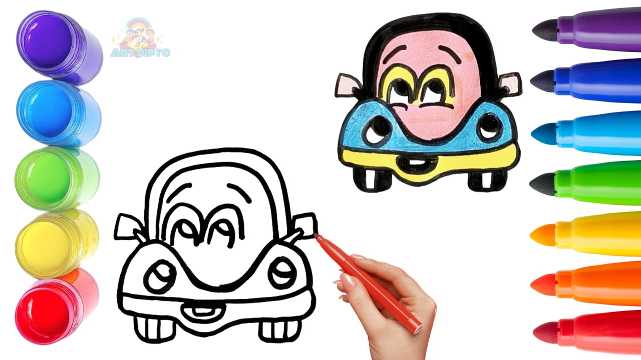 How To Draw cute Cartoon Car Drawing, Painting & Coloring For Kids and Toddlers_ Child Art 🐋🌈🎨