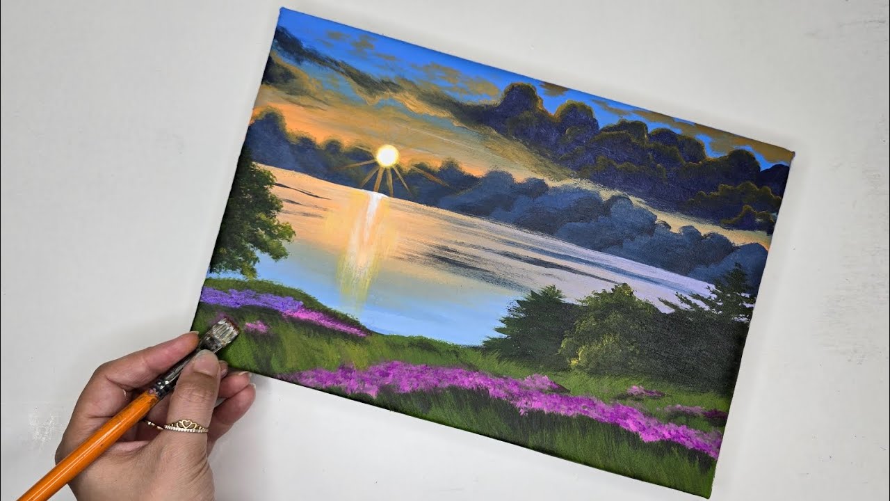 How to paint beautiful sunset at the lake/easy acrylic painting 