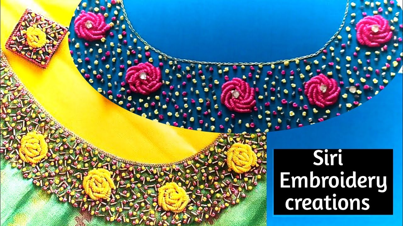 Hand embroidery:Neck design for blouses & churidar: Bullion Rose| French knot