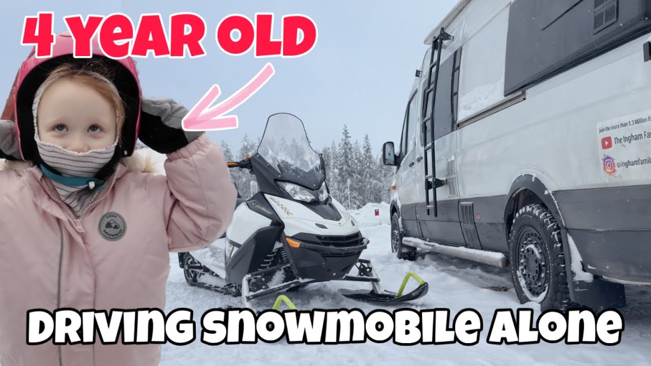 4 Year Old Driving a Snowmobile ALONE for the FIRST TIME! Santa Claus Village Finland.