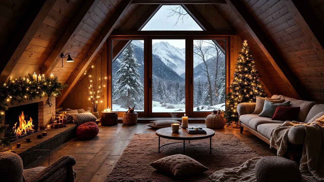 Winter Cabin Comfort: Snowfall,  Fireplace for Peaceful Sleep