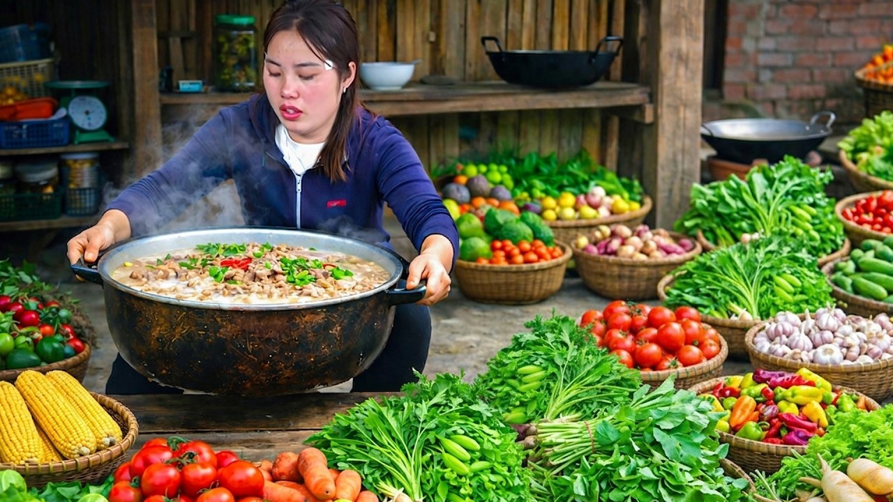 Harvesting Vegetables and Selling at the Market and Cooking Nutritious Pork Porridge for My Kids