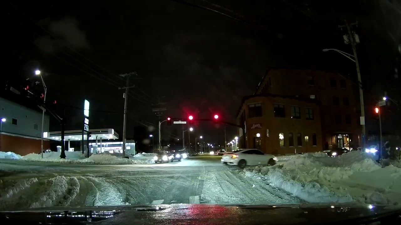 Wintry nighttime drive in Providence, Rhode Island