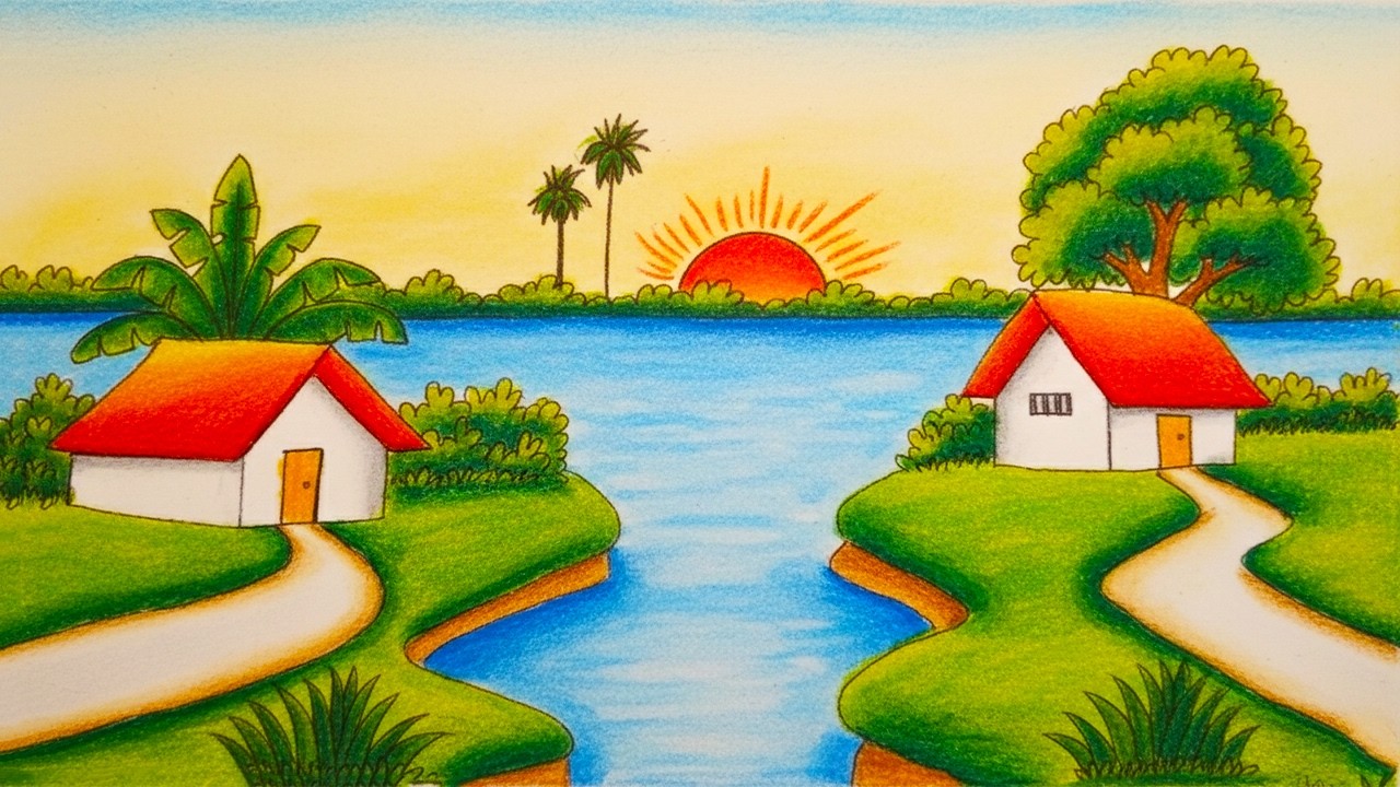 Easy Village Scenery with River & Sunset  | Riverside Village Drawing with Oil Pastels Step by Step