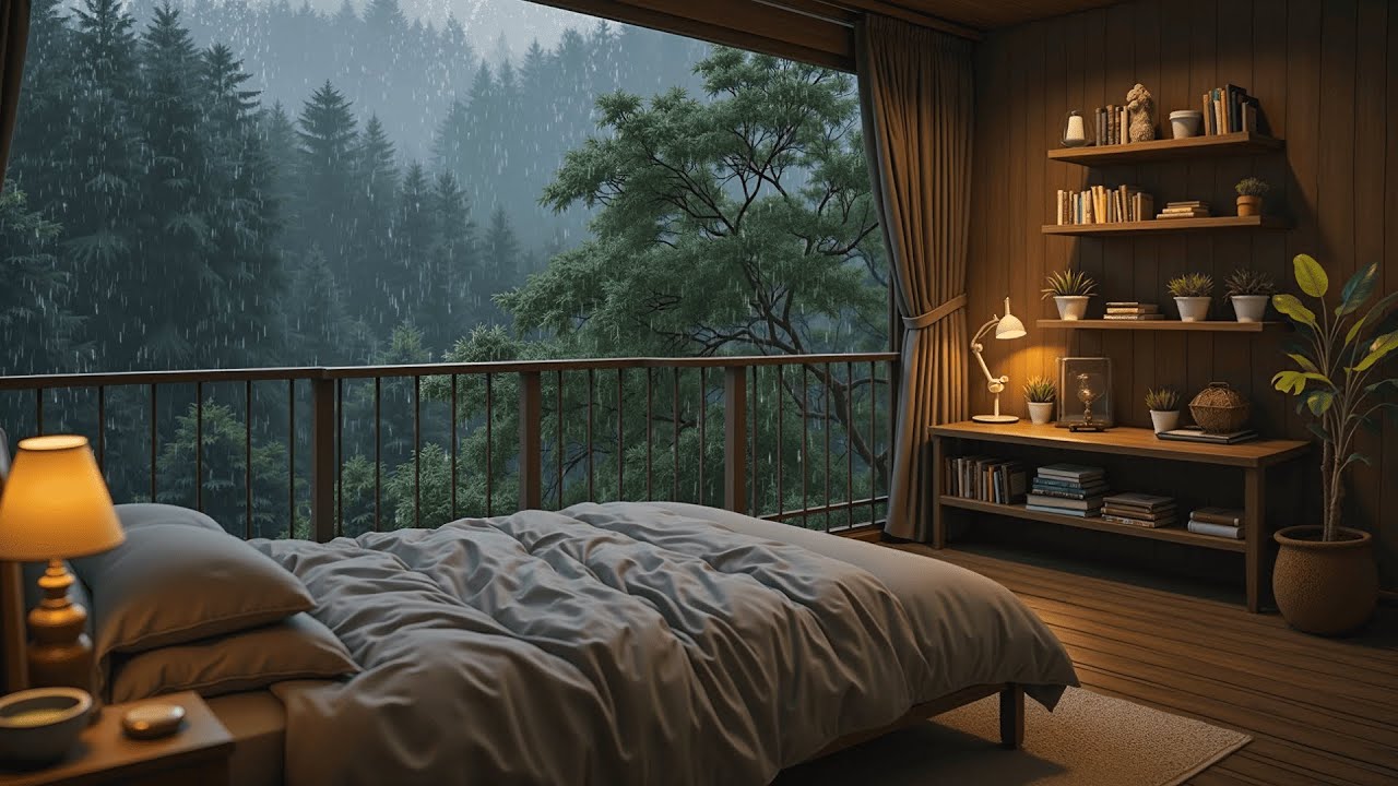 Rainy Day in Luxury Bedroom 🌧️ | Fireplace & Piano Music for Calm Mind