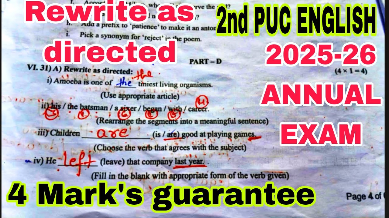 2nd PUC ENGLISH, article, preposition, appropriate verb form,4 Mark's  question for ANNUAL EXAM 2026