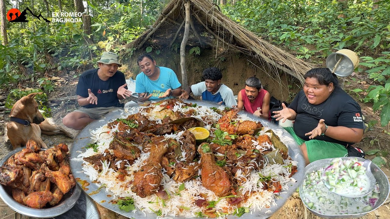 Chicken Biryani Cooking in the Jungle Bushcraft Wild Team Cooking Chicken Biryani in Nepali Style