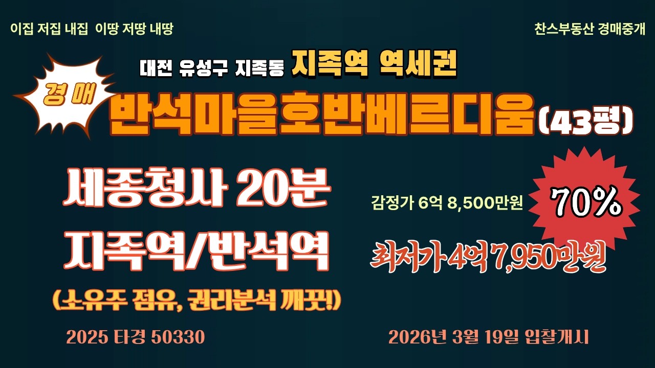 세종시 옆 대장아파트 / 지족역 역세권 43평형 반값 기회! / [대전_경매(아파트)] 유성구 지족동 호반베르디움(감정가 70%, 2층 43평)