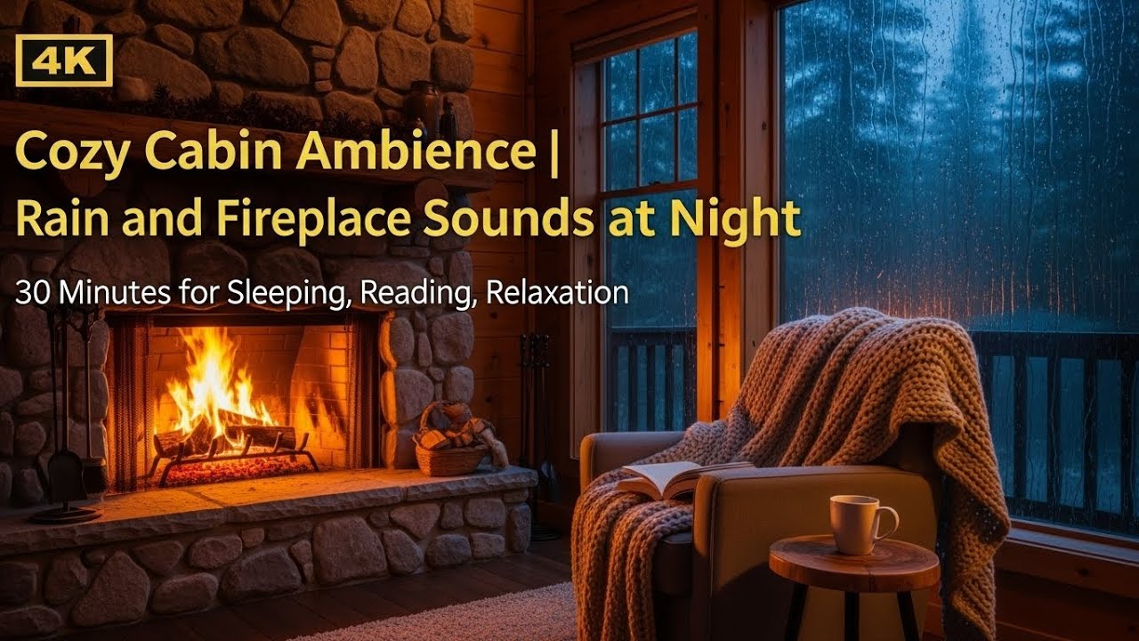 Rain and Fireplace Sounds at Night 30 Minutes for Sleeping, Reading, Relaxation