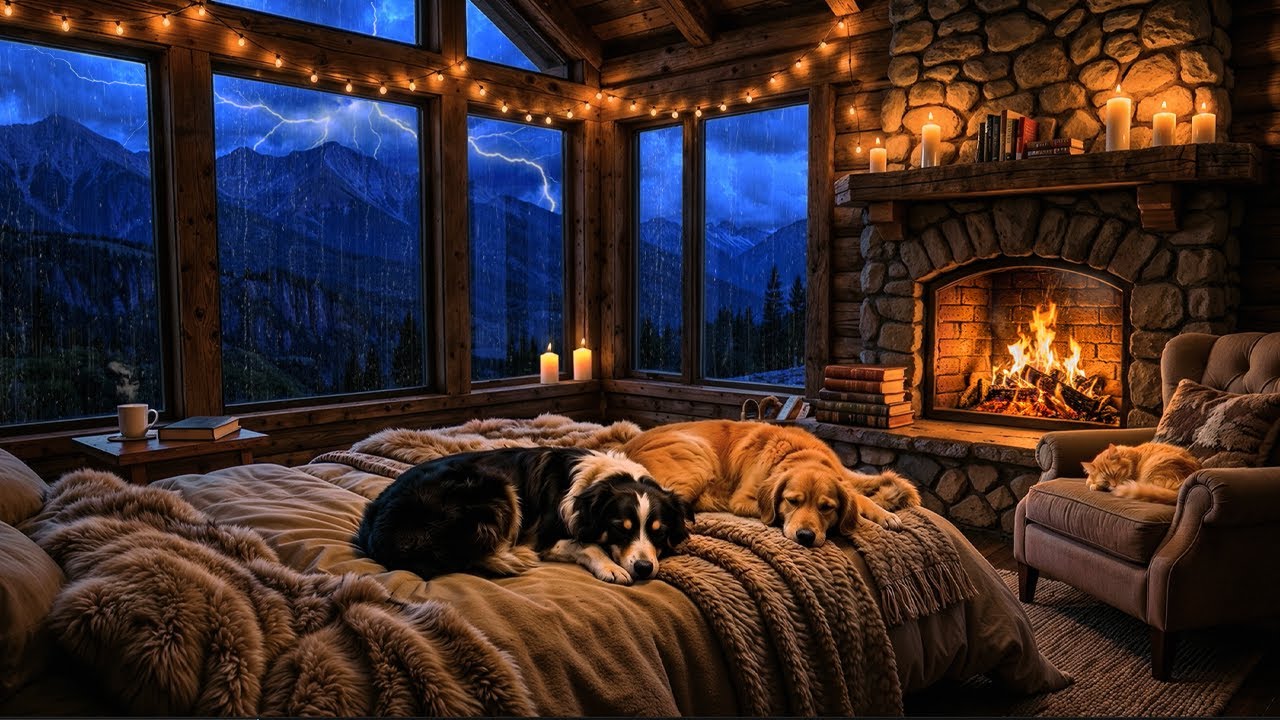 Уютная спальня «Горная буря ночью 🌧️» с камином и собаками 🛌