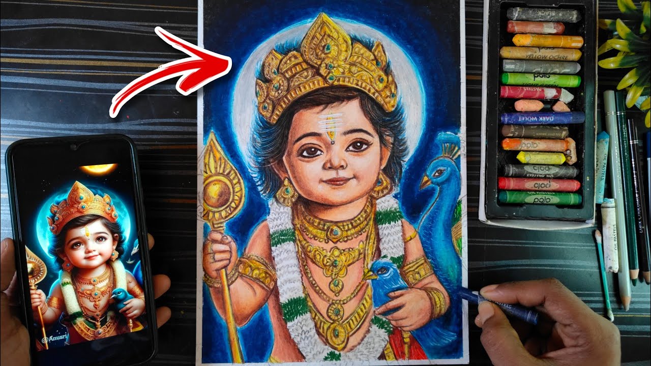 Lord Kartikeya Murugan Drawing With Oil Pastle , How To Draw God Murugan, Kartik Thakur Drawing