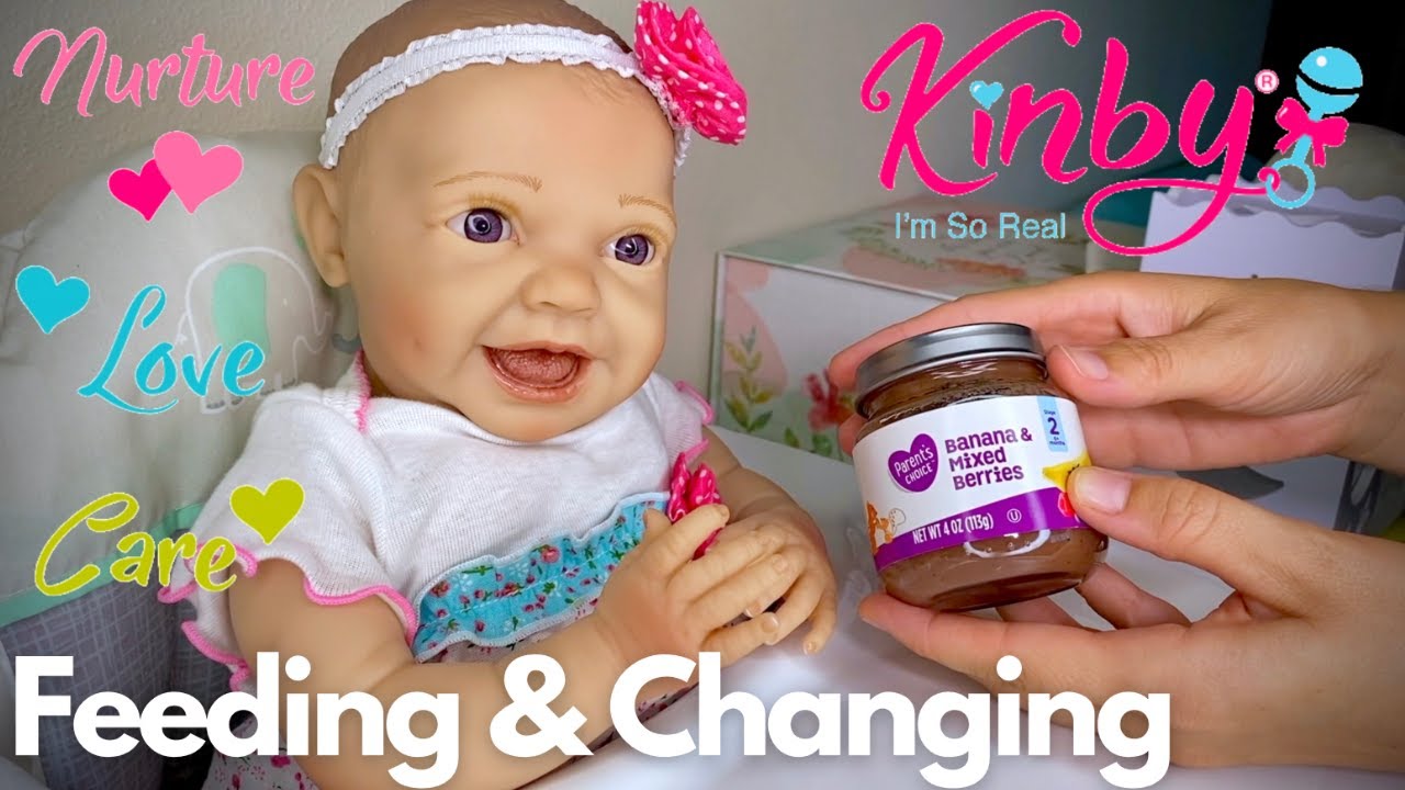 Very Realistic Kinby Doll: Feeding With Real Baby Food & Changing Into A New Outfit.