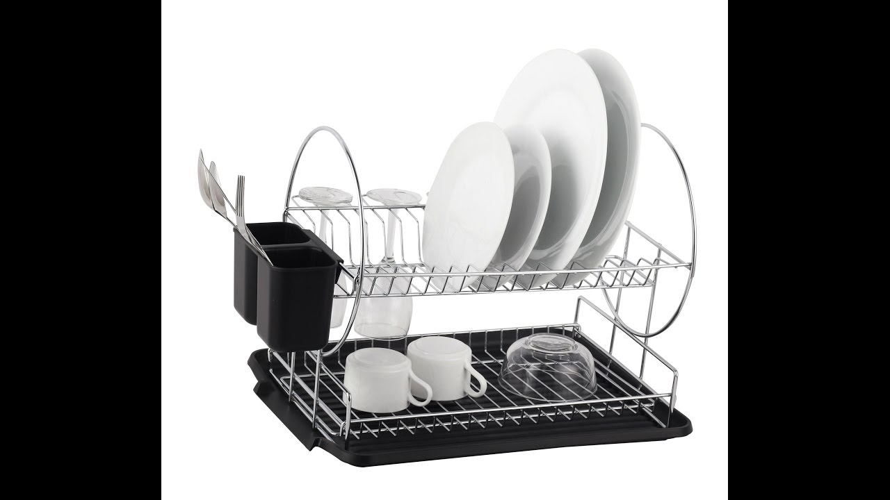 Deluxe Chrome-plated Steel 2-Tier Dish Rack with Drainboard / Cutlery Cup (BlackII)