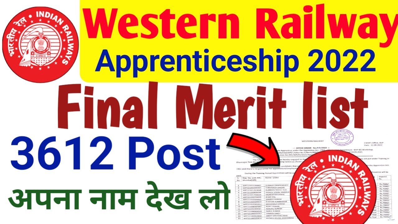 Western Railway Apprentice Final Merit list 2022 | WR Mumbai Apprentice Final Merit List 2022