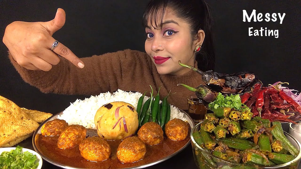 ASMR EATING RICE EGG CURRY MASALA BHINDI BAIGAN CHOKHA PAPAR | MESSY EATING | EATING SHOW | MUKBANG