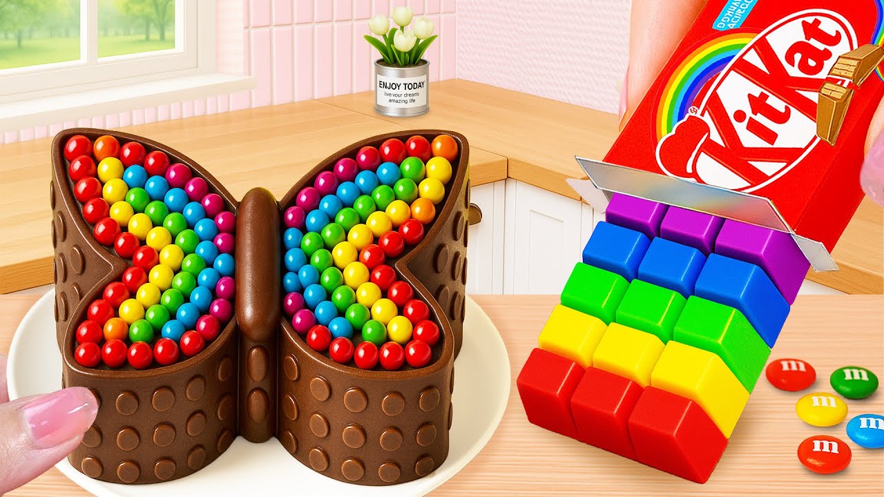 How to Make Rainbow  Chocolate Cake 🦋🍫 | Colorful KitKat Candy Dessert | Cute Mini Bakes