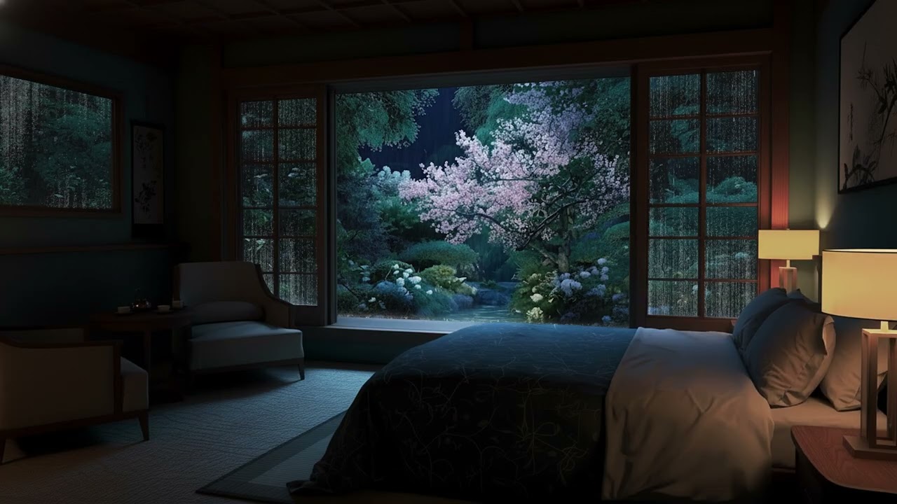 Rainy Garden at a Japanese Ryokan with Cherry Blossoms 🌧️ Cozy Sleep Ambience