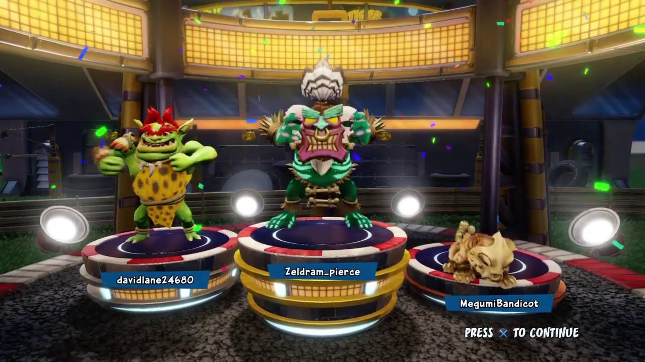 Jurassic Krunk, Caveman Zem and Sabortooth Pura Winning Podium. (Crash Nitro Fueled)