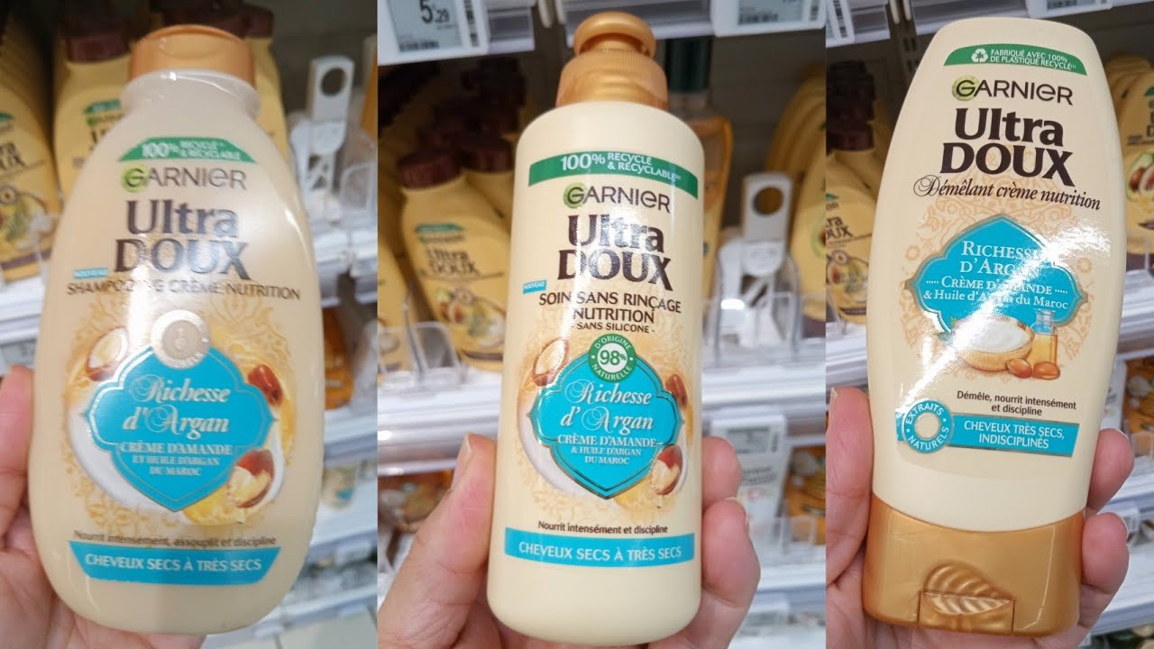 مجموعة شامبو بلسم كريم من Garnier ultra doux للشعر الجاف جدا بزيت الارقان و كريمة اللوز.