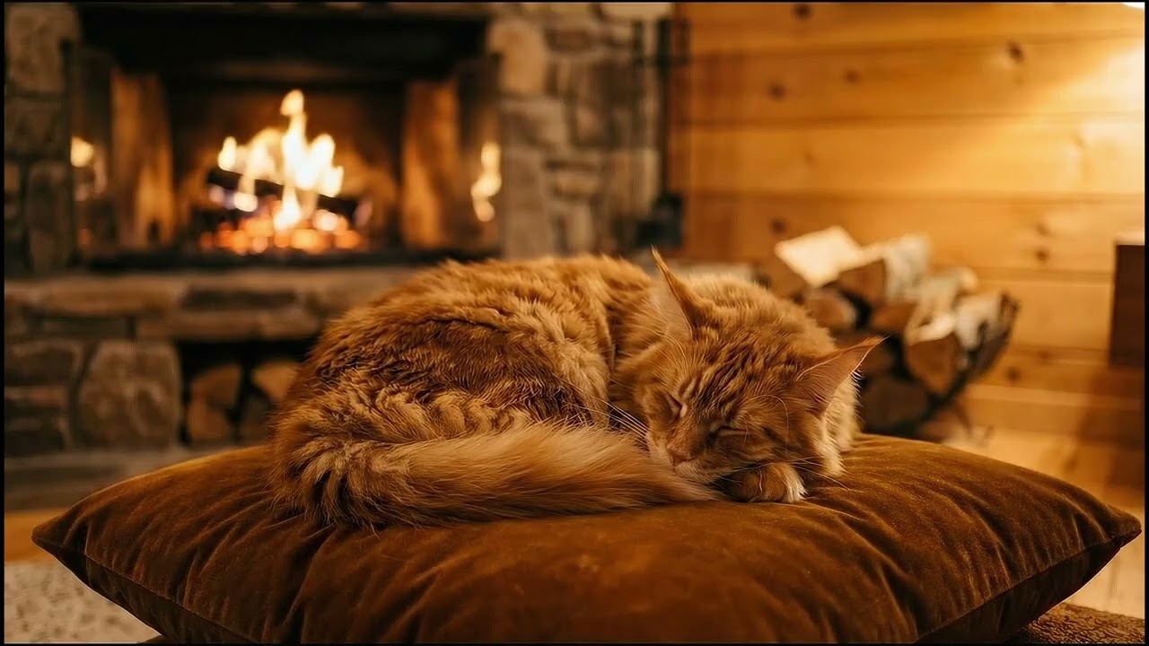 Испытайте абсолютное расслабление: кошачий ASMR у тёплого камина 🔥🐾