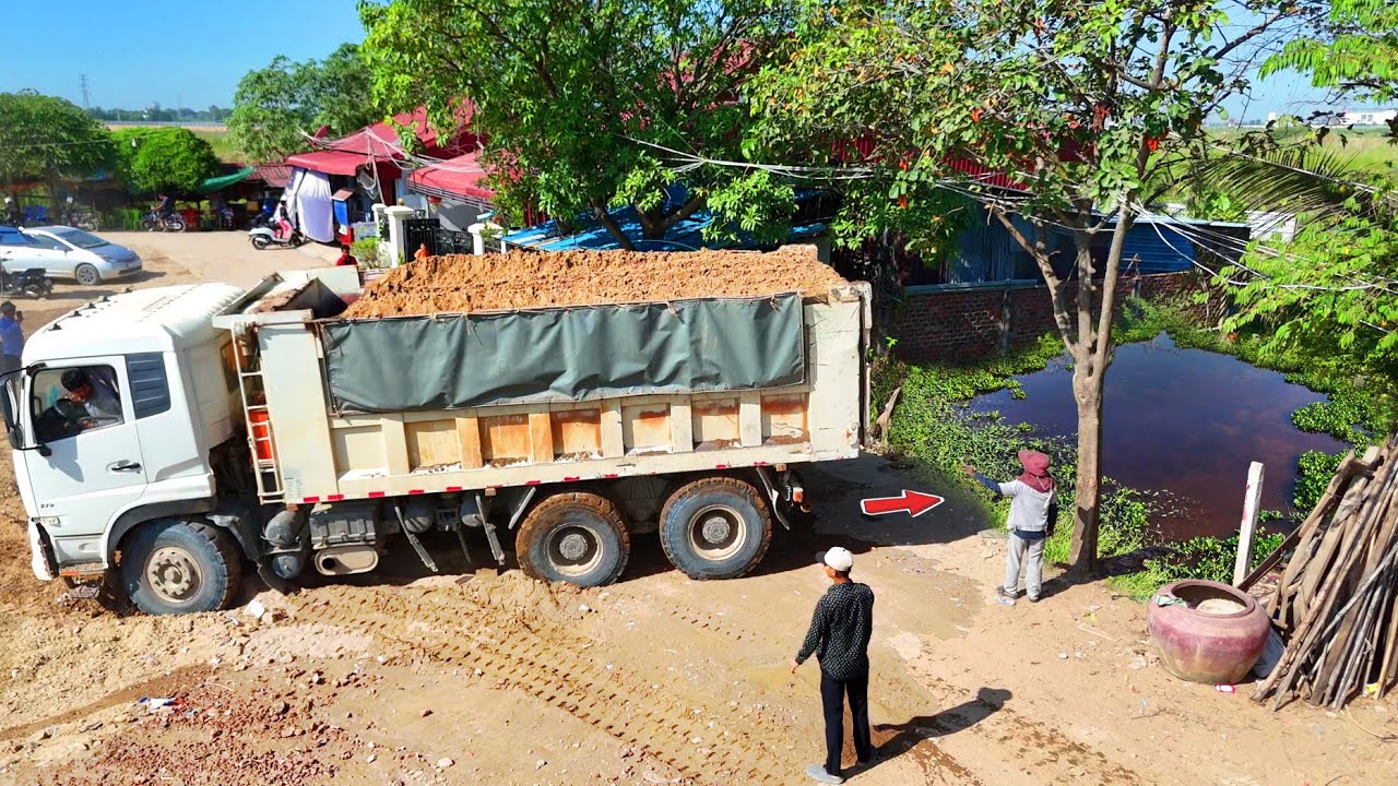 OHH Incredible Filling Up Land Site Formed !by Dump Truck 25.5Ton & Dozer Pour Soil Delete Huge Pond