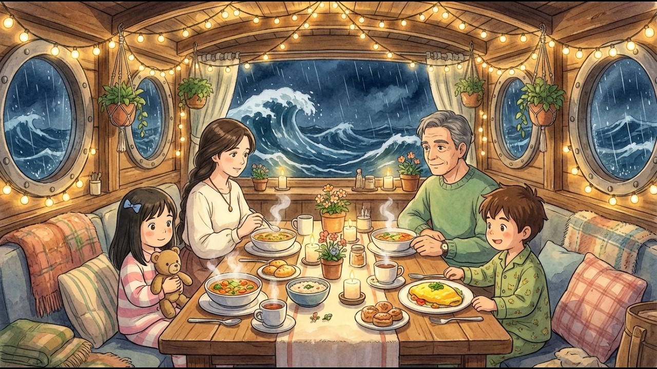 Rainy Sea Voyage: A Quiet Family Night in a Small Houseboat | Ghibli-Style ASMR