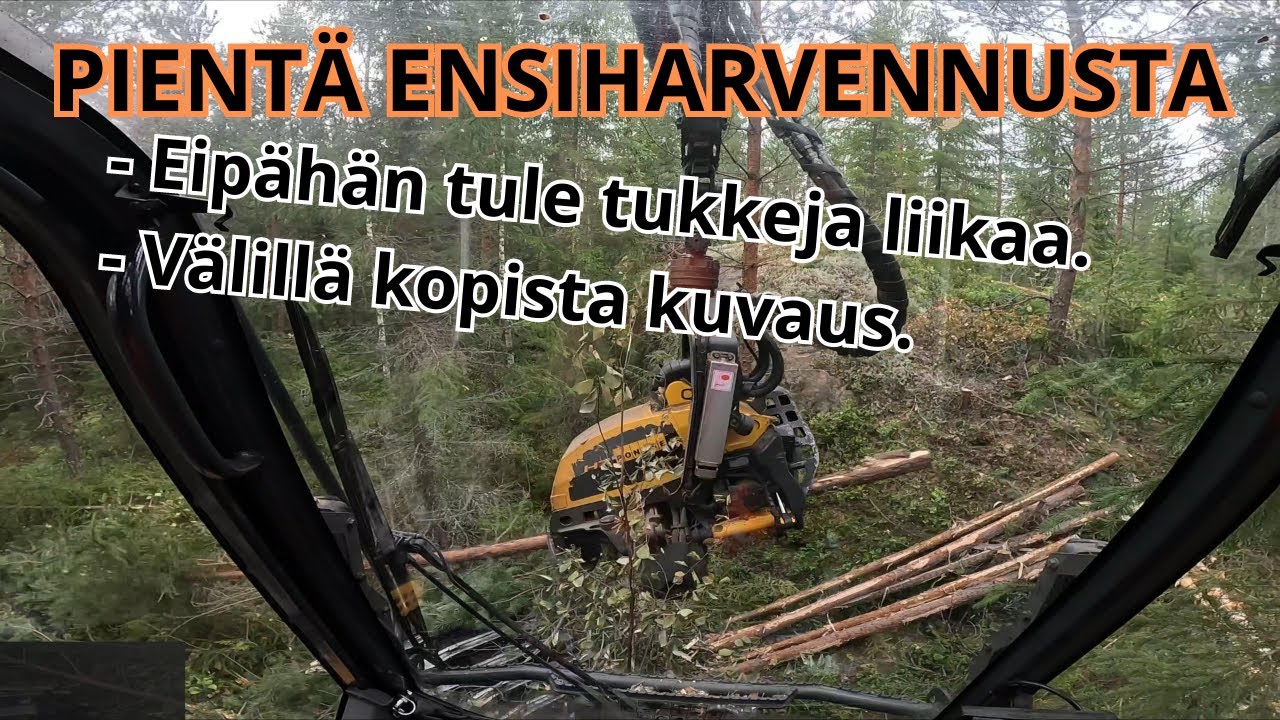 Tosi pient&auml; ensiharvennus mets&auml;&auml; kopista kuvattuna. Ponsse Scorpion K H7 AC FC