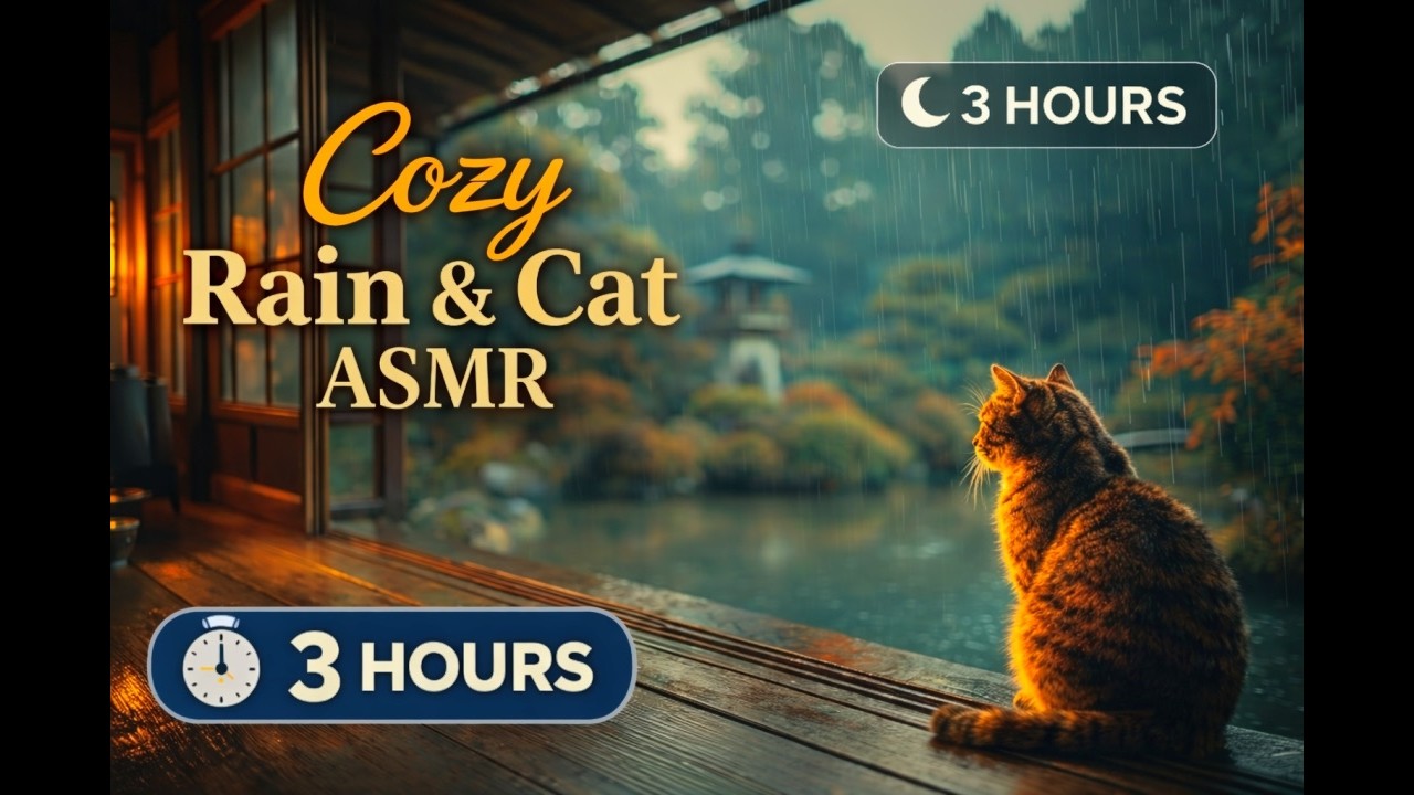 3 Hours Cozy Rain & Cat ASMR | Japanese Garden Ambience for Sleep & Study