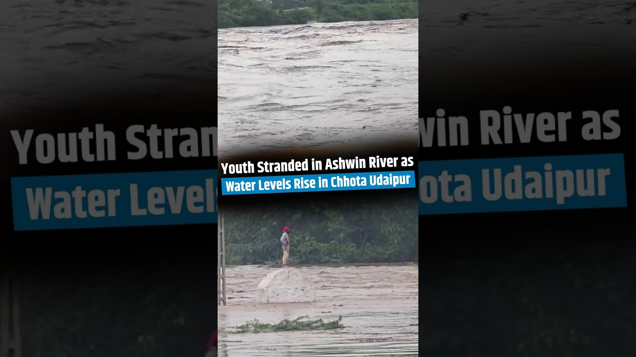 Gujarat Flood Scare: Youth Stranded in Ashwin River as Water Levels Rise in Chhota Udaipur