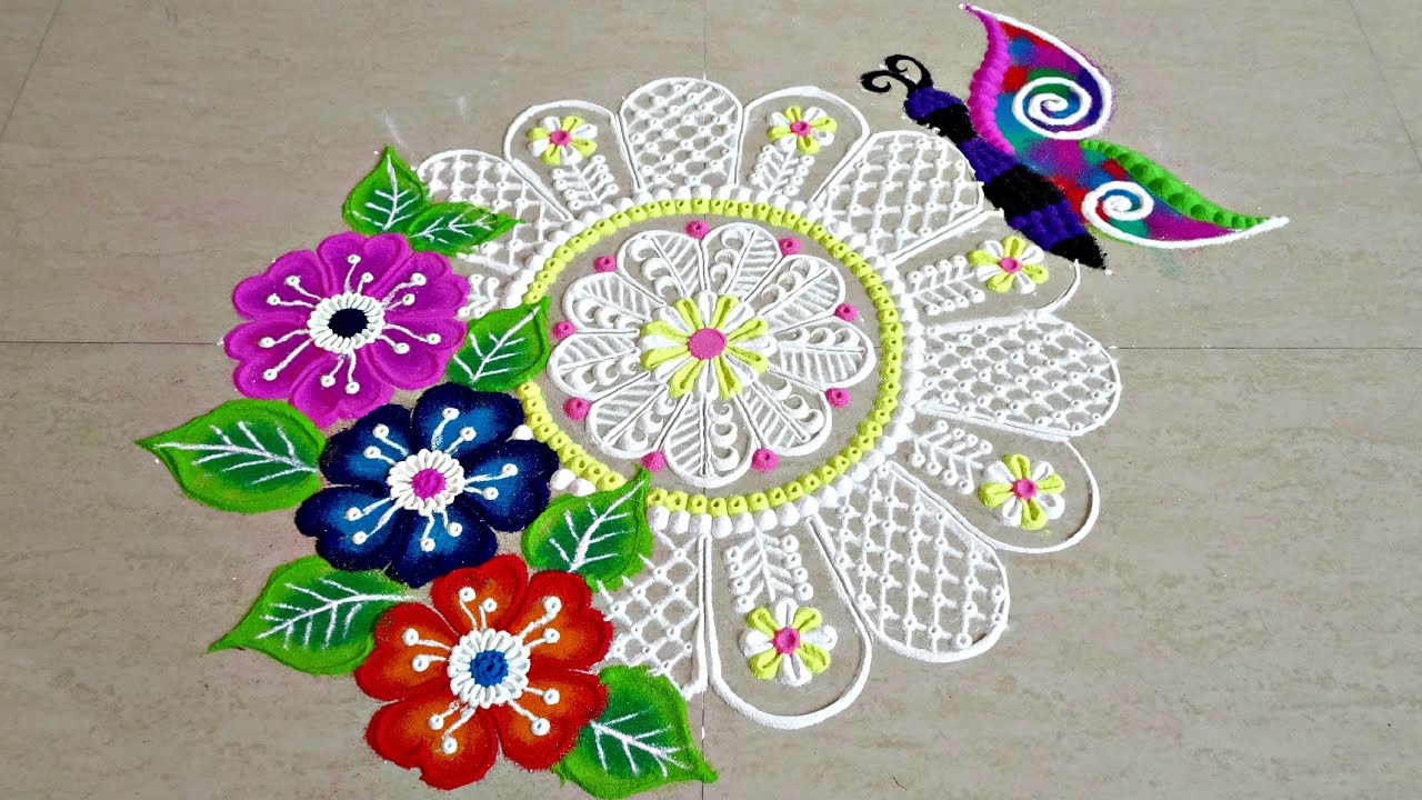 Beautiful and unique free hand flowers rangoli | Relaxing sand art | Mandala Kolam