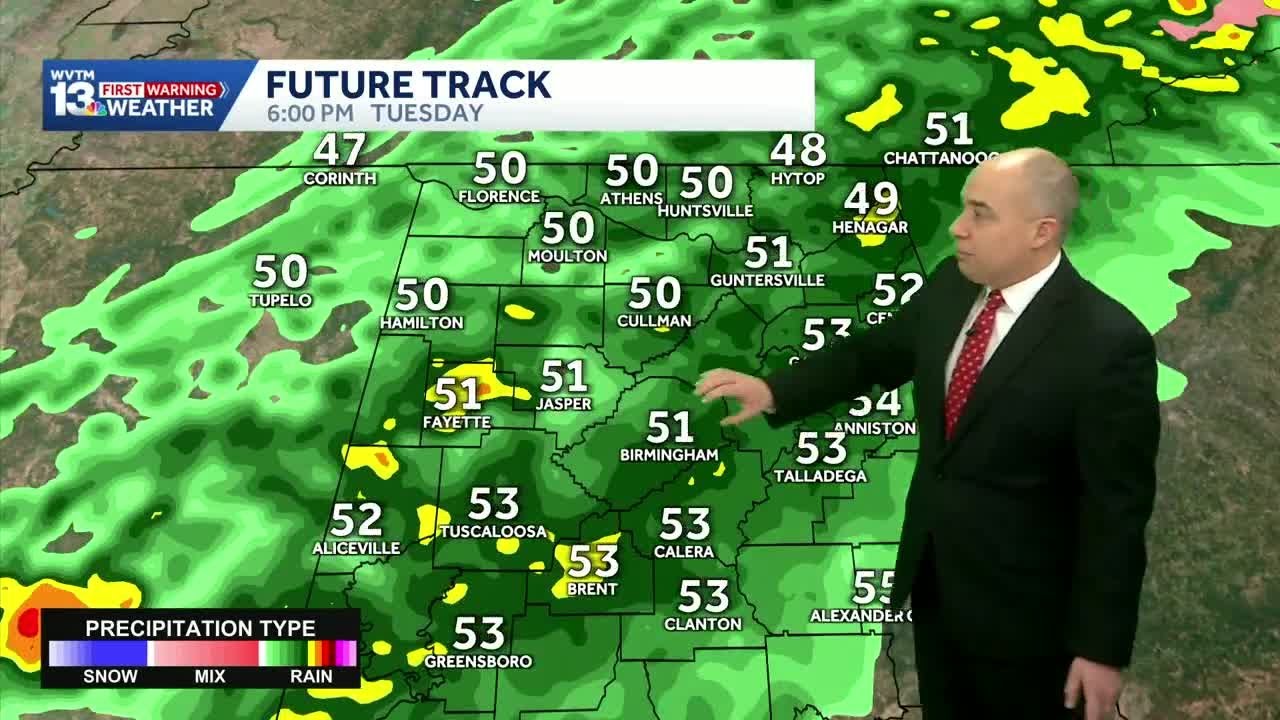 Tracking a cold front that brings rain to the Alabama forecast with a low chance of snow flurries