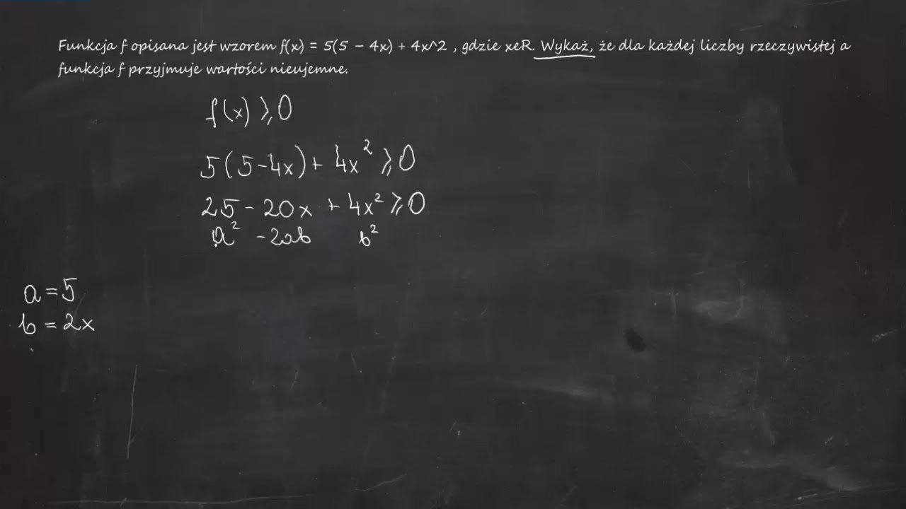 Funkcja f opisana jest wzorem f(x) = 5(5 – 4x) + 4x^2 , gdzie xeR. Wykaż, że dla każdej liczby