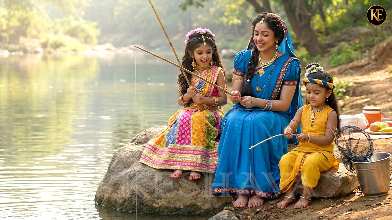 नदी किनारे मछली पकड़ते बाल कान्हा–राधा, मैया संग खुशियों भरा पल” || YMKN || Shree Krishan leela