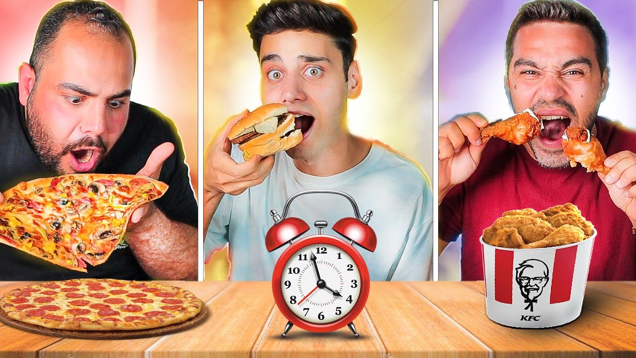 اليوم تورطنا بسبب😱(تحدي الأكل على حسب الوقت السريع⏰)..|بيتزا