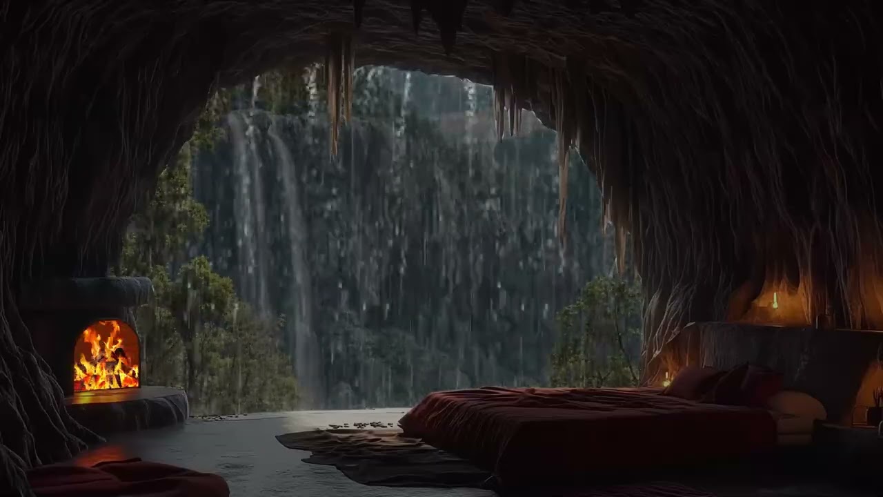 Forest Cave Rainstorm and Warm Fireplace Sounds for Sleep and Inner Peace