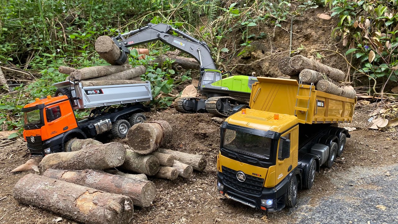 Aksi #62 Excavator Besar Huina 1593, Dump Truk RC Volvo A40G, Wheel Loader Huina 1583, Muatan Tanah 
