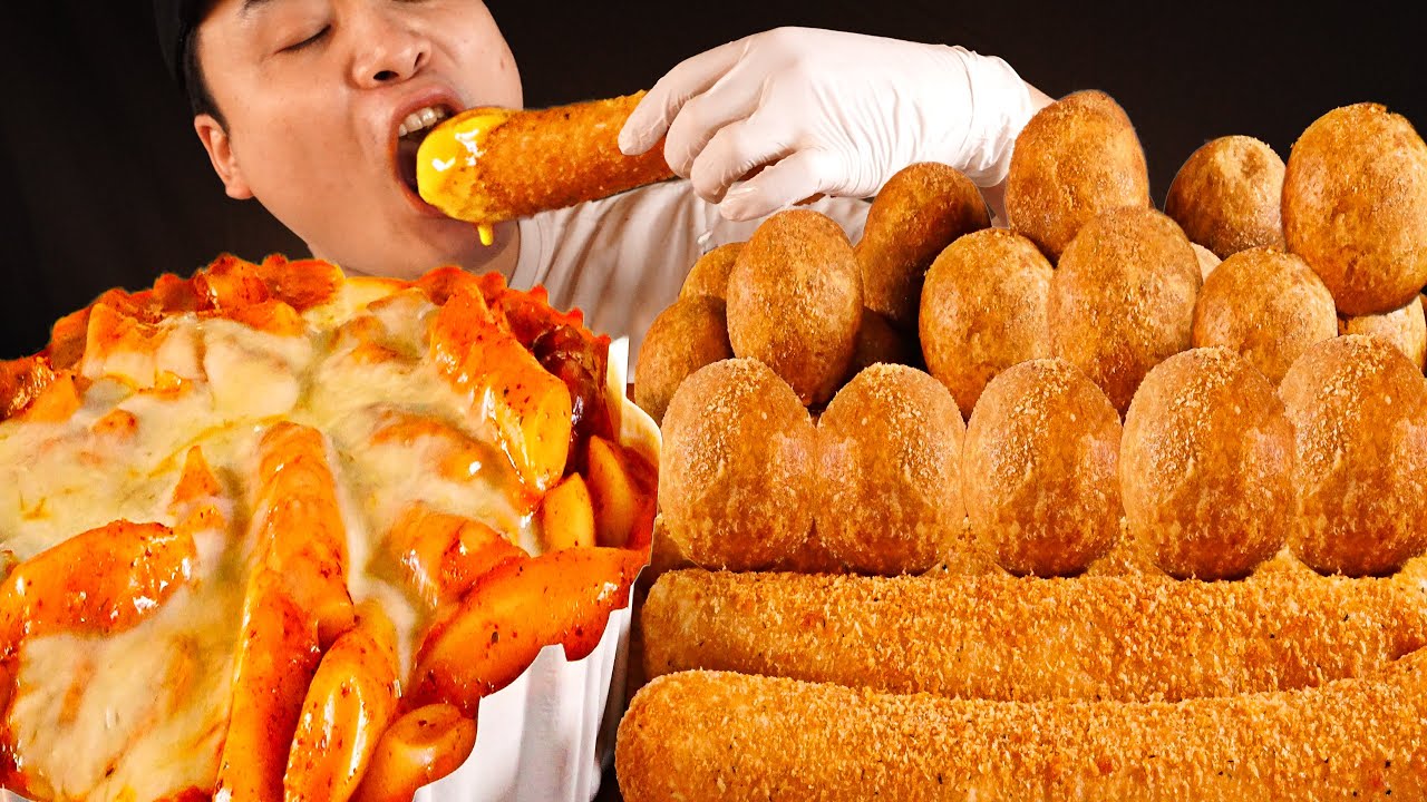Хрустящие сырные шарики, чуррос и розовые ттокбокки мукбанг!