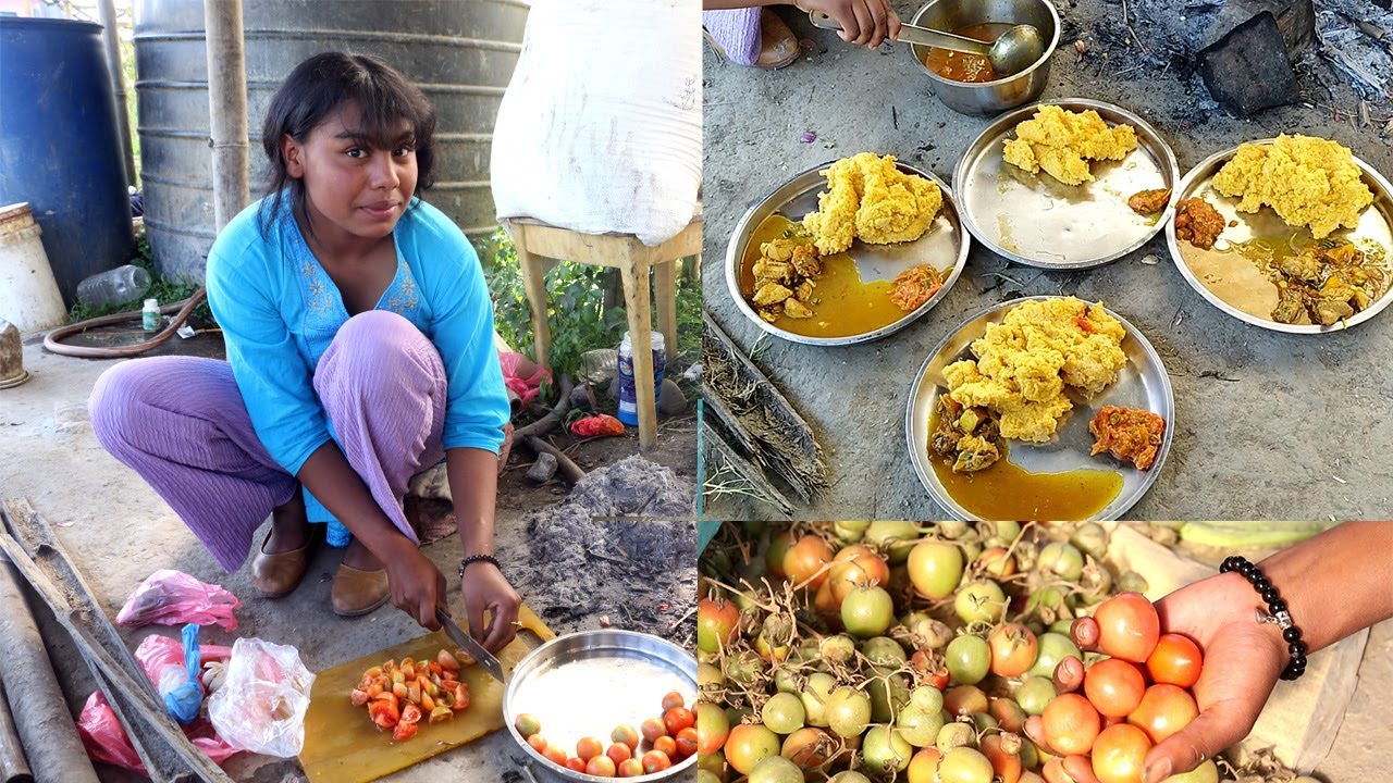 village girl cooking corn poridge with chicken curry and tomato chutny and eating in tradition style