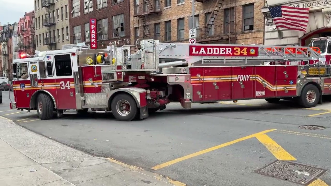 **BRAND NEW FDNY TILLER 34** & FDNY ENGINE 84 RESPONDING FROM QUARTERS ON 161ST STREET IN MANHATTAN.