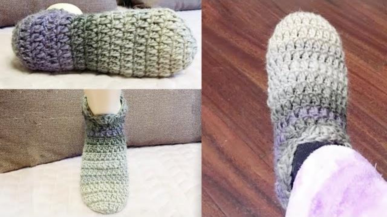 钩袜子竟然这么简单，快速钩一双地板袜，钩针教程 How to Crochet Easy Super Bulky Slippers ~~~